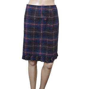 CAbi Heritage Blue Brown Plaid Pencil Skirt Ruffle